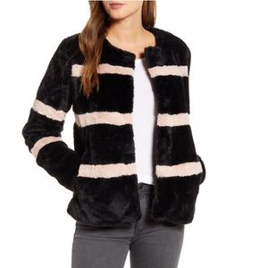 Rachel Parcell Black & Pink Stripe Faux Fur Coat Size Medium